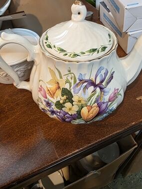 Floral Porcelain Teapot in White with Multicolor Garden Bloom Design